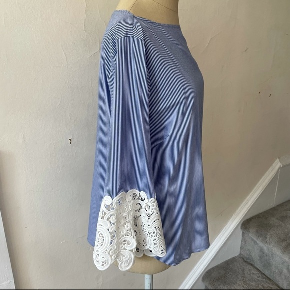 ZARA Pinstripe Crochet Lace Guipure Sleeve Blouse - Picture 7 of 10